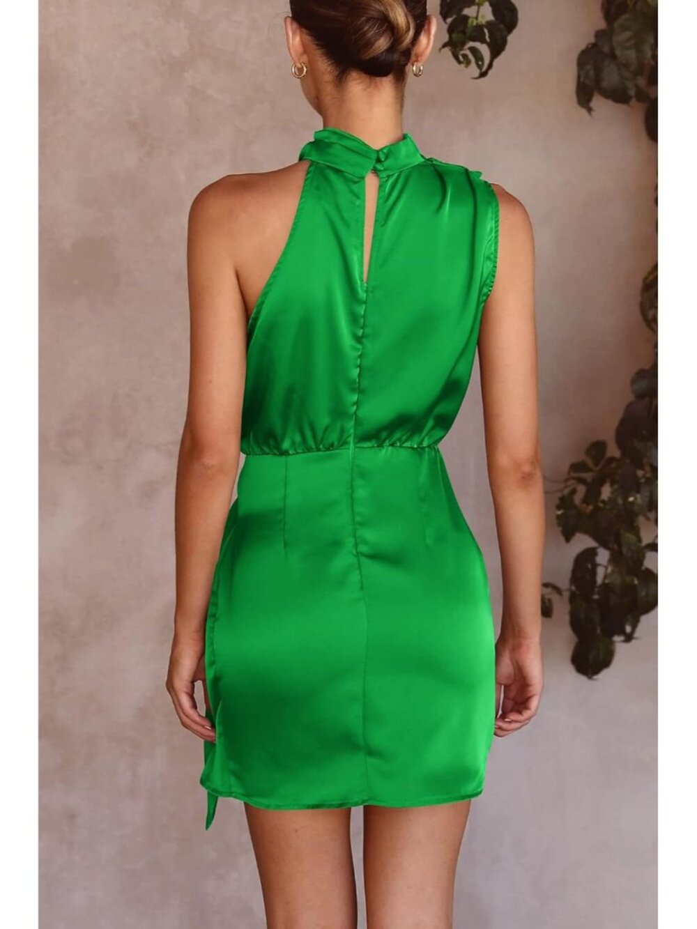 Women's Brilliant Green Formal Short Sleeveless Mock Neck Satin Party Dresses - Picture 5 of 6